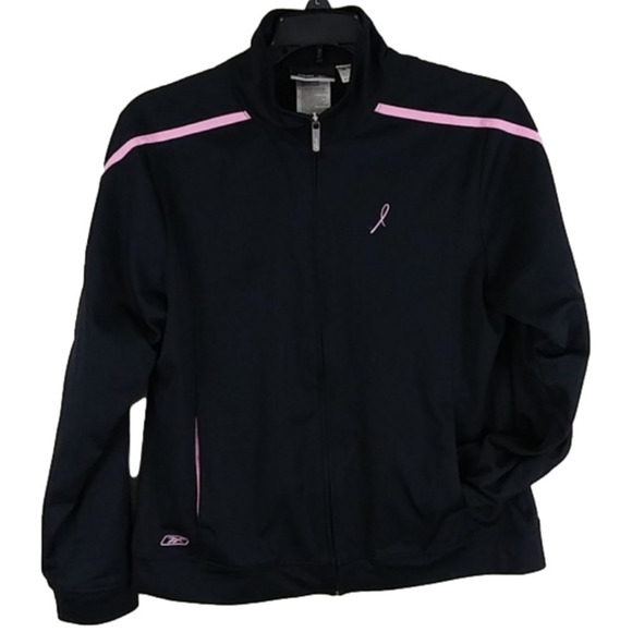 𝅺Reebox Breast Cancer Awareness Black Pink  Detail Long Sleeve Zip Up Jacket - Picture 1 of 10